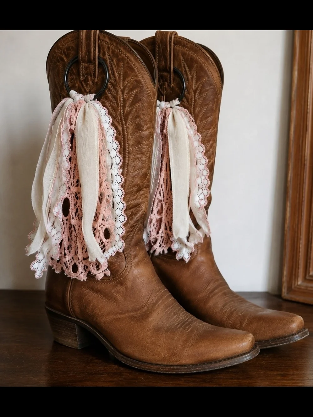 Boho Western Coastal Cowgirl Cowboy Calf Boots Rings Pink Lace Tassel Charms